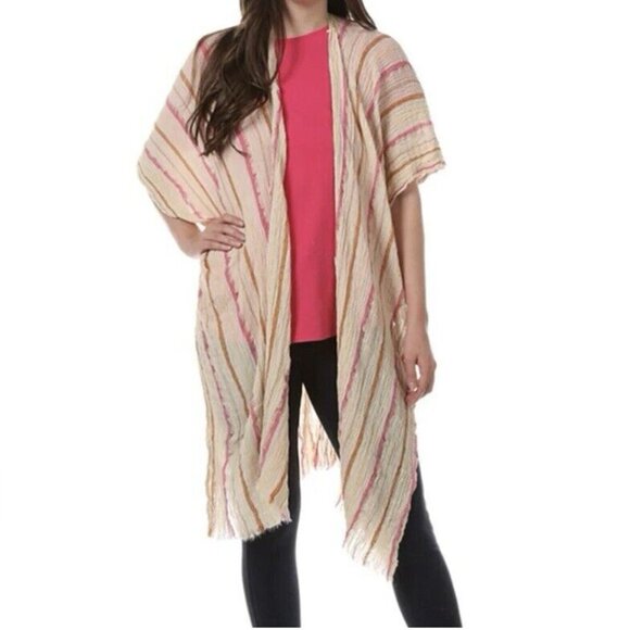 Vince Camuto Kimono Cardigan Cotton Shine Ruana Sunset O/S Pink Gold Stripe - Picture 1 of 10